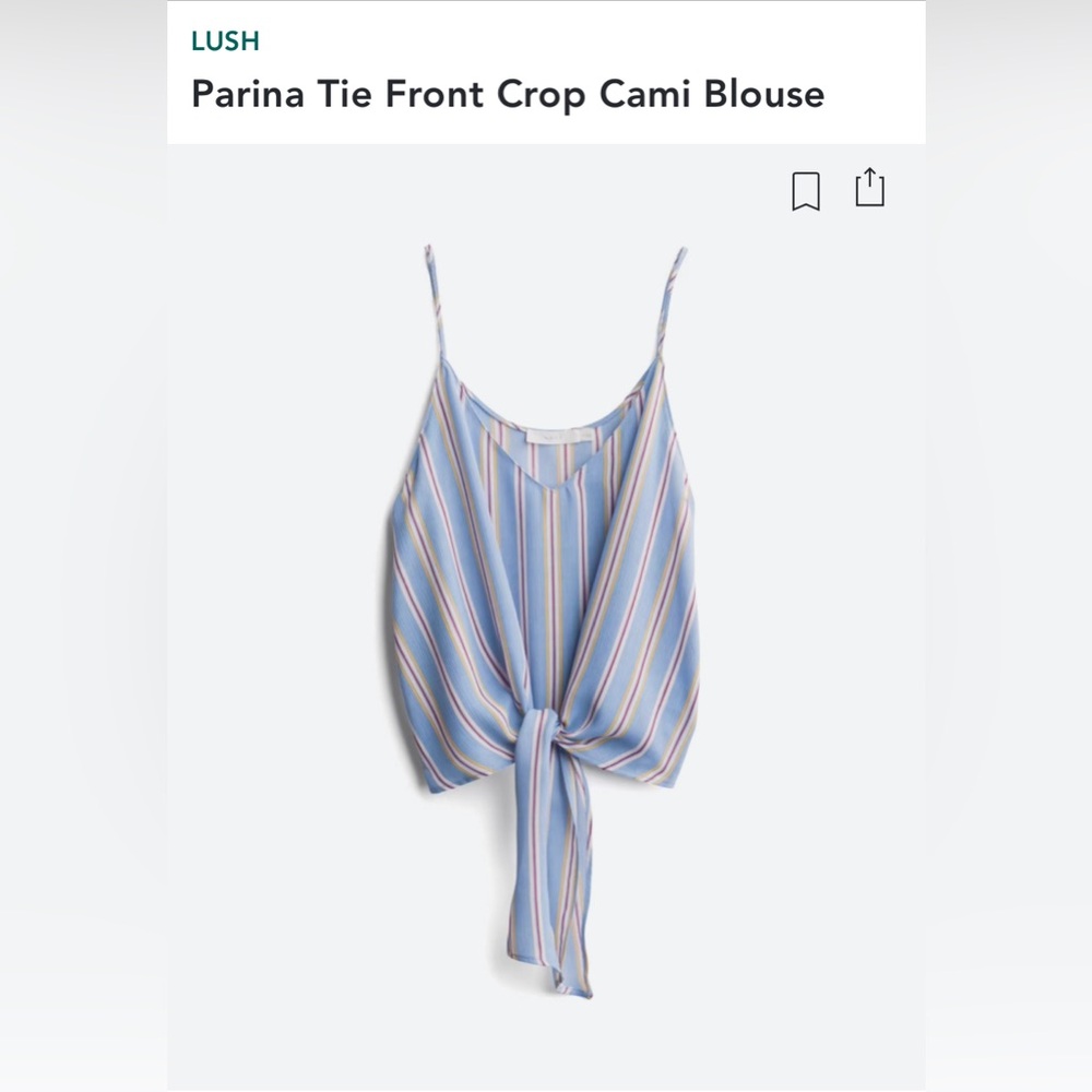 Lush Blue and Yellow Striped Parina Tie Front Crop Cami Blouse Size M